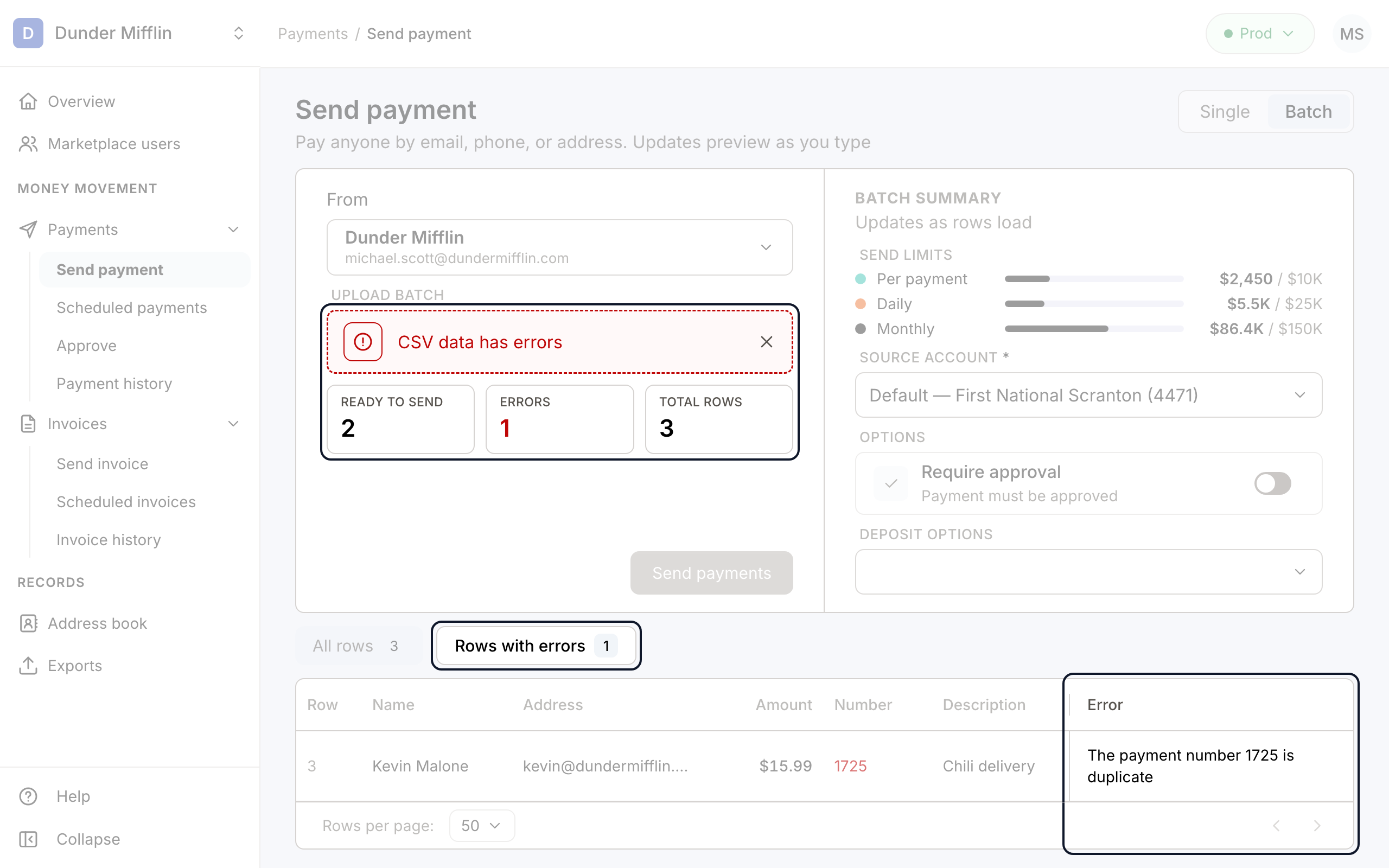 Batch validation summary, error filter, and per-row error reasons