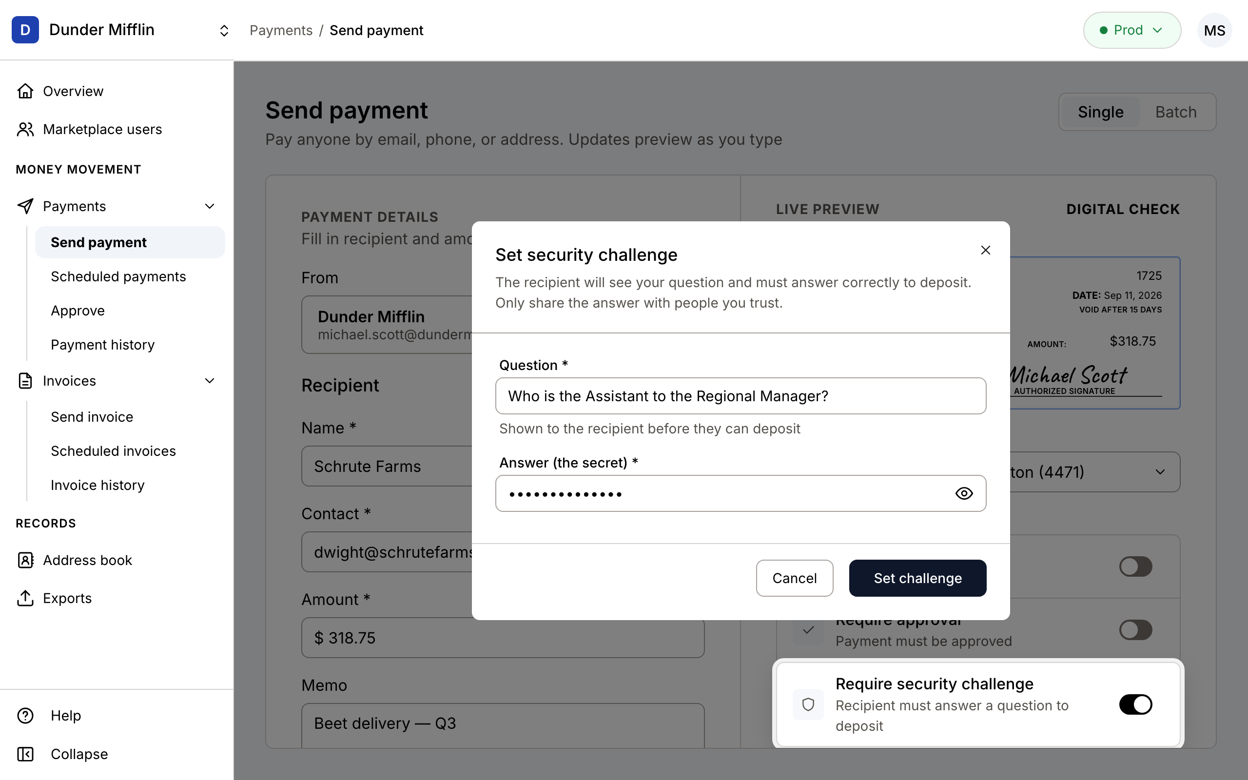Setting a security challenge on a payment