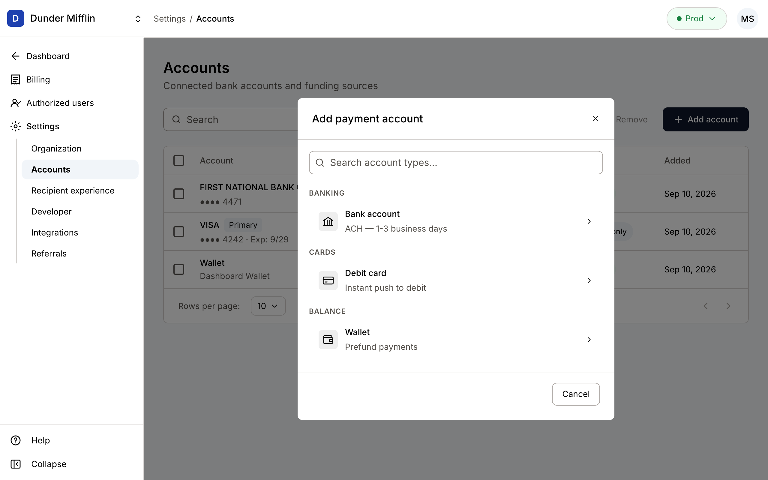 Accounts settings page — new