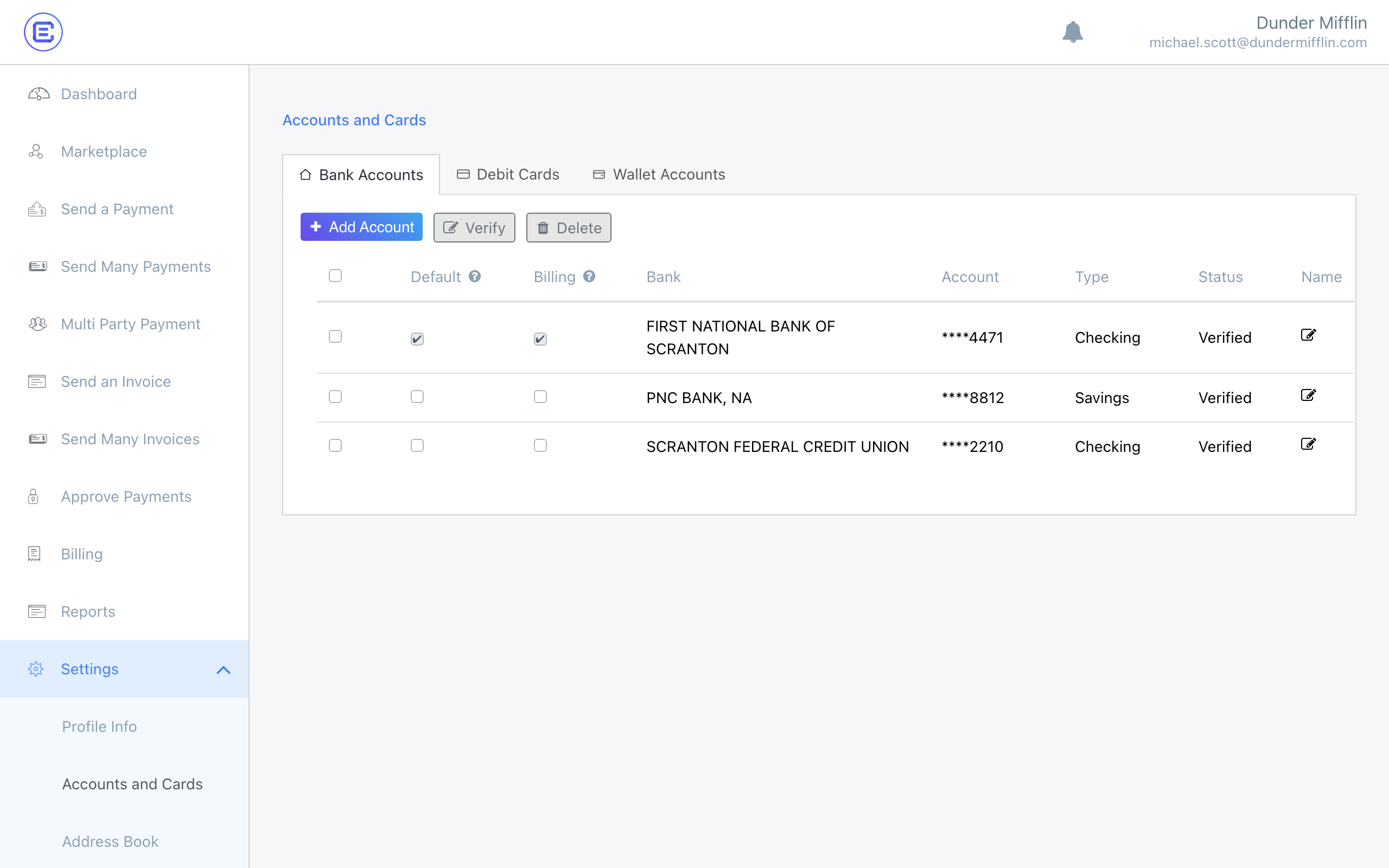 Accounts settings page — old