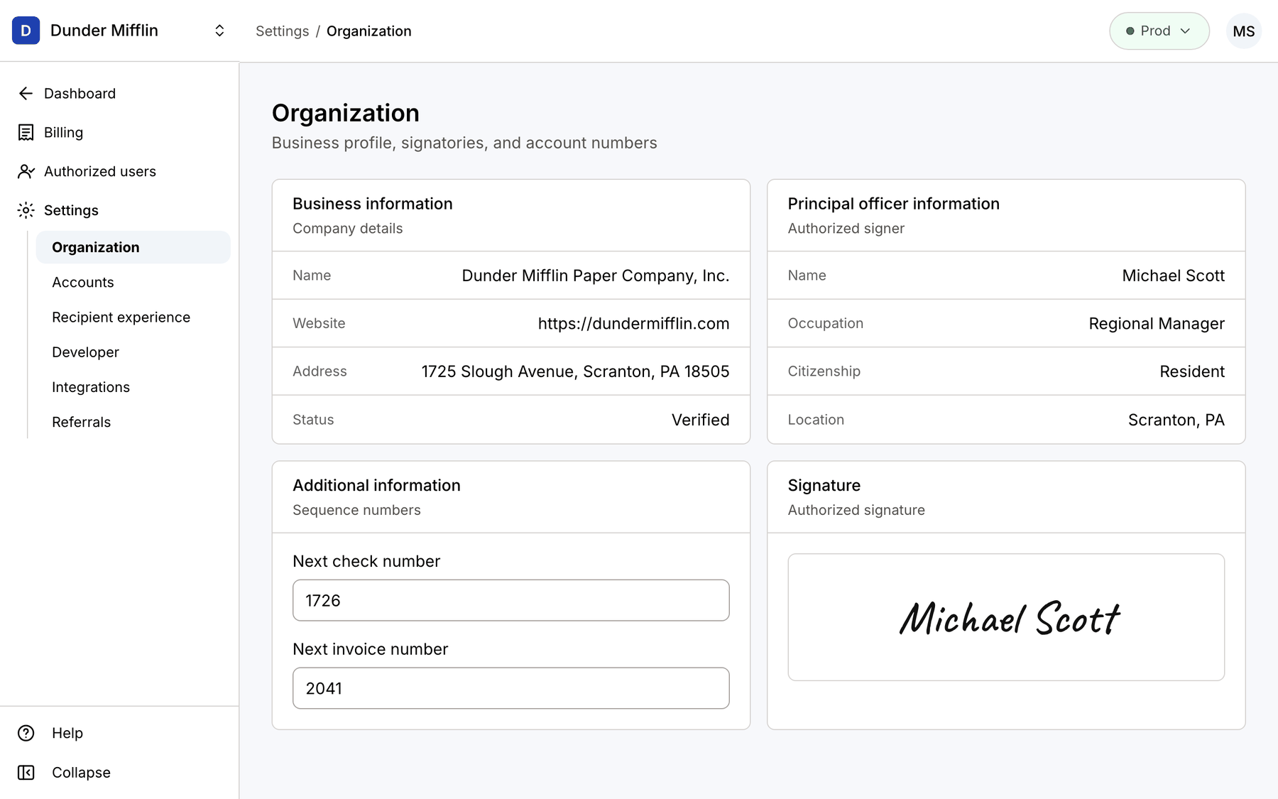 Organization settings page — new