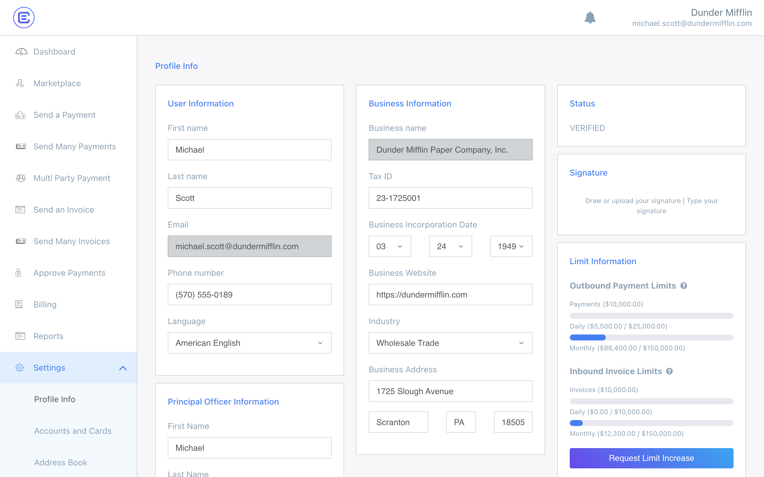 Organization settings page — old