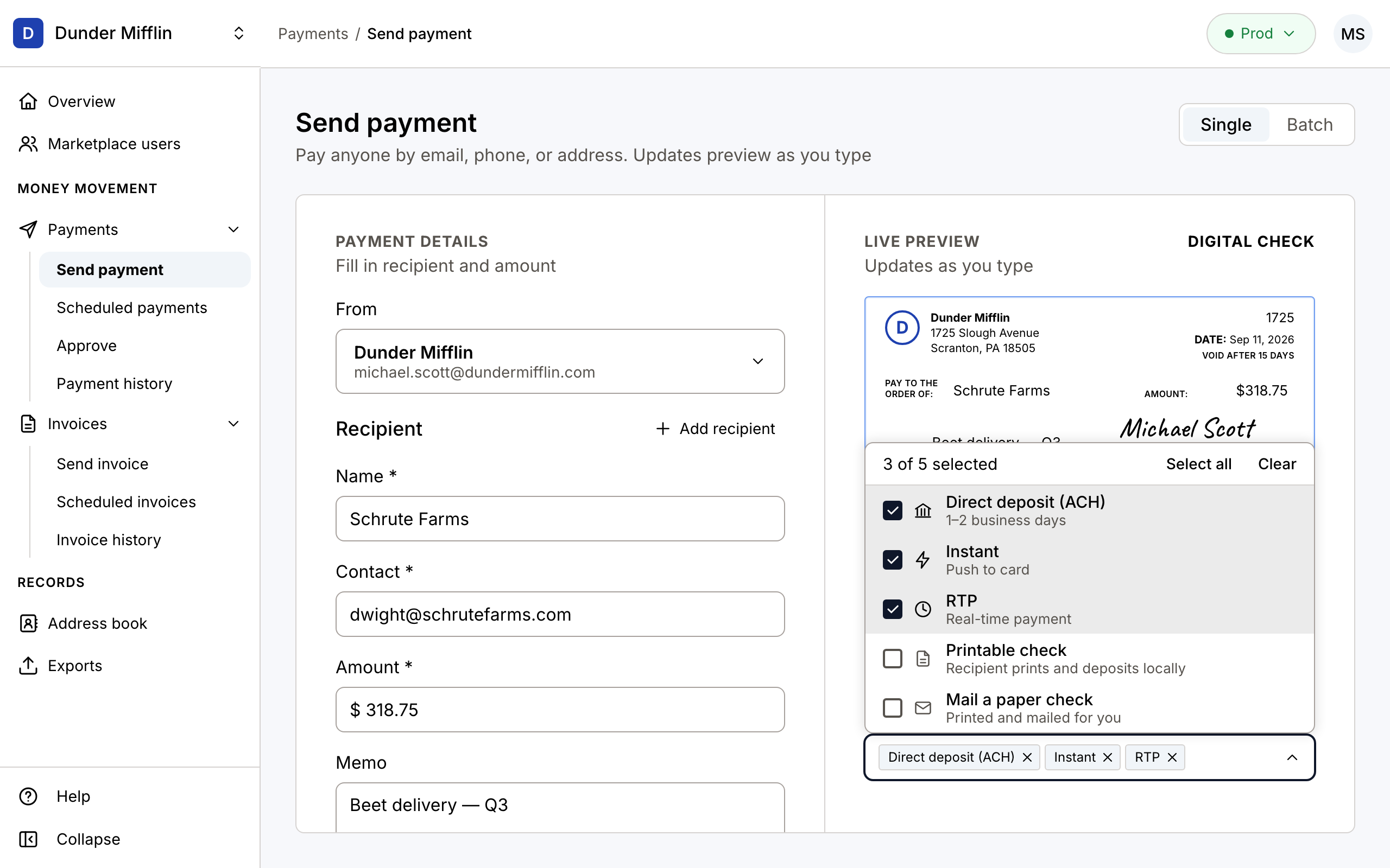 Send payment screen — new