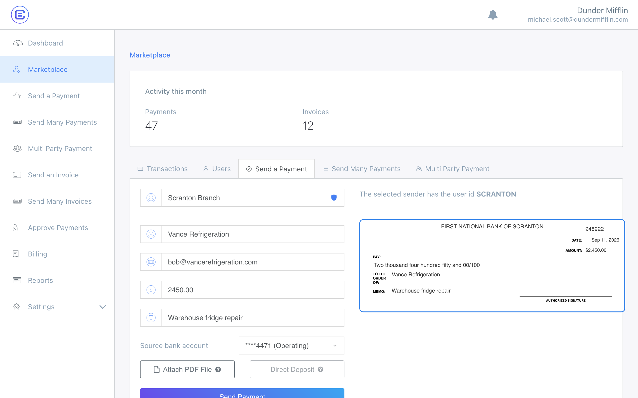 Marketplace › Send a Payment